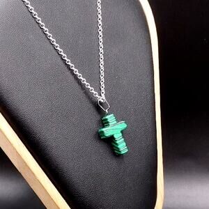 925 Silver Necklace W/ Green Malachite Stone Cross Anniversary Birthday Gift